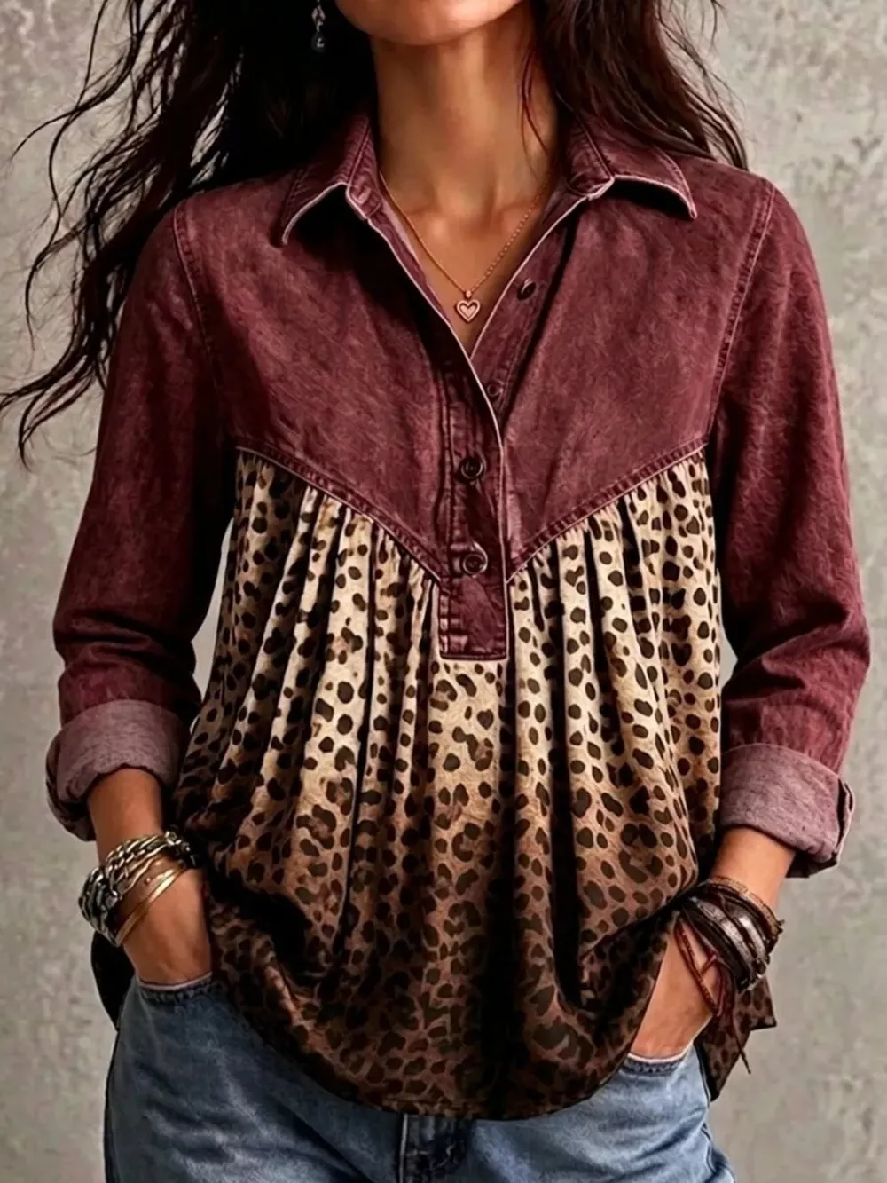 Full Size Leopard Button Detail Blouse Plus Size, image 16
