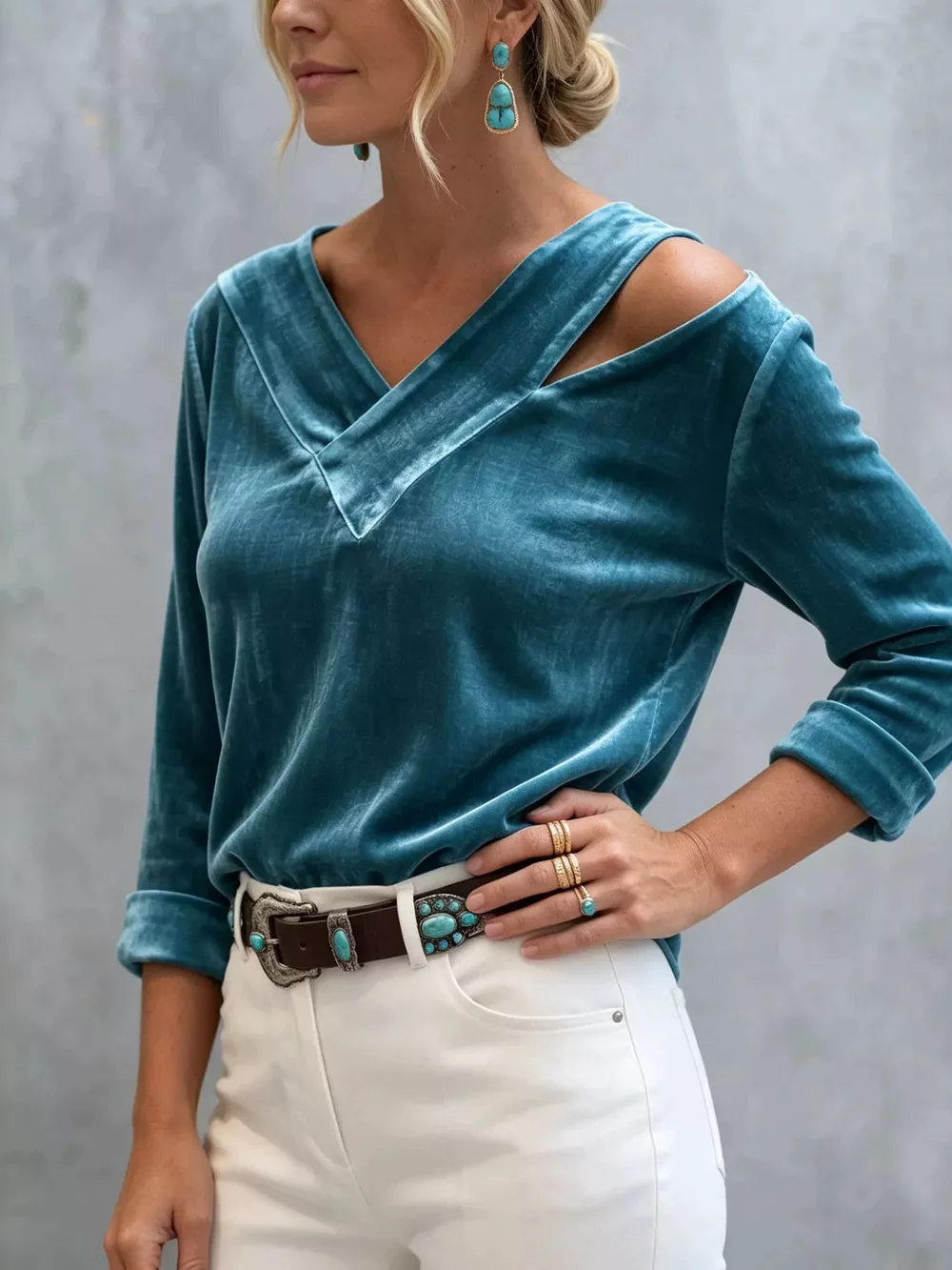Full Size Velvet Cold-Shoulder V-Neck Blouse Plus Size, image 3