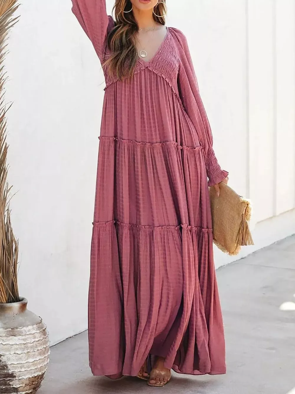 V-Neck Long Sleeve Tiered Maxi Dress, image 7