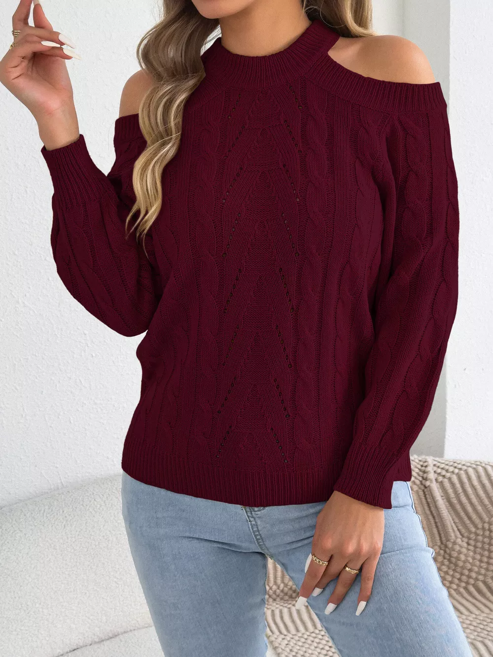 Cold Shoulder Cable Knit Sweater, image 17