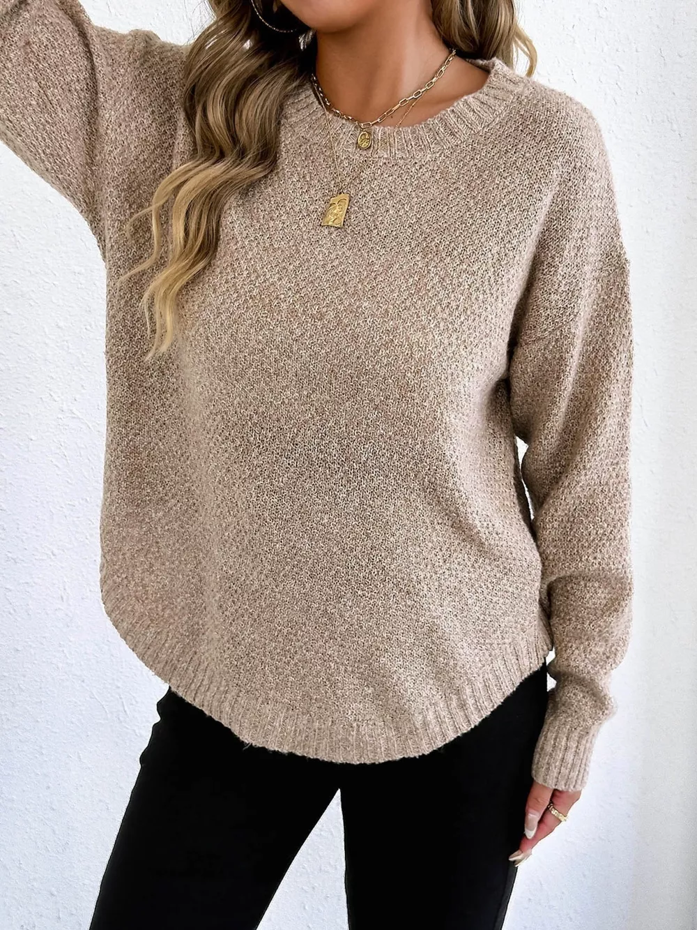 Textured Knit Relaxed Fit Round Neck Sweater, image 2