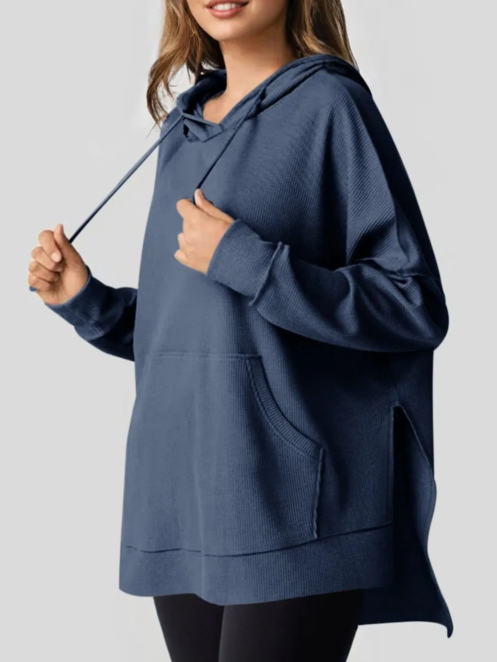 Slit Drawstring Waffle Knit Hoodie, image 17