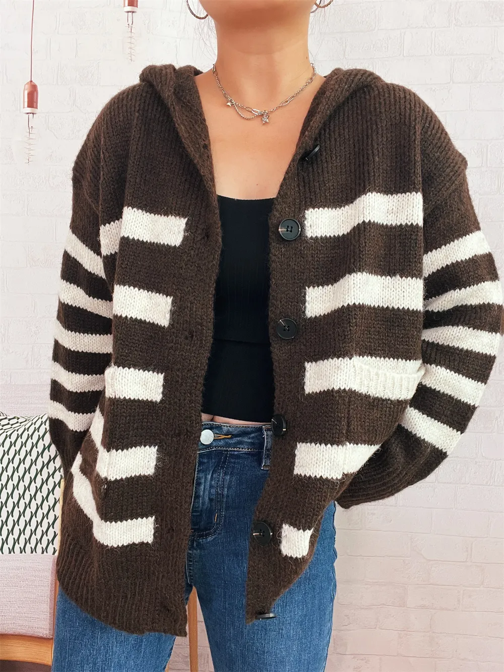 Striped Button-Up Hooded Cardigan, image 15