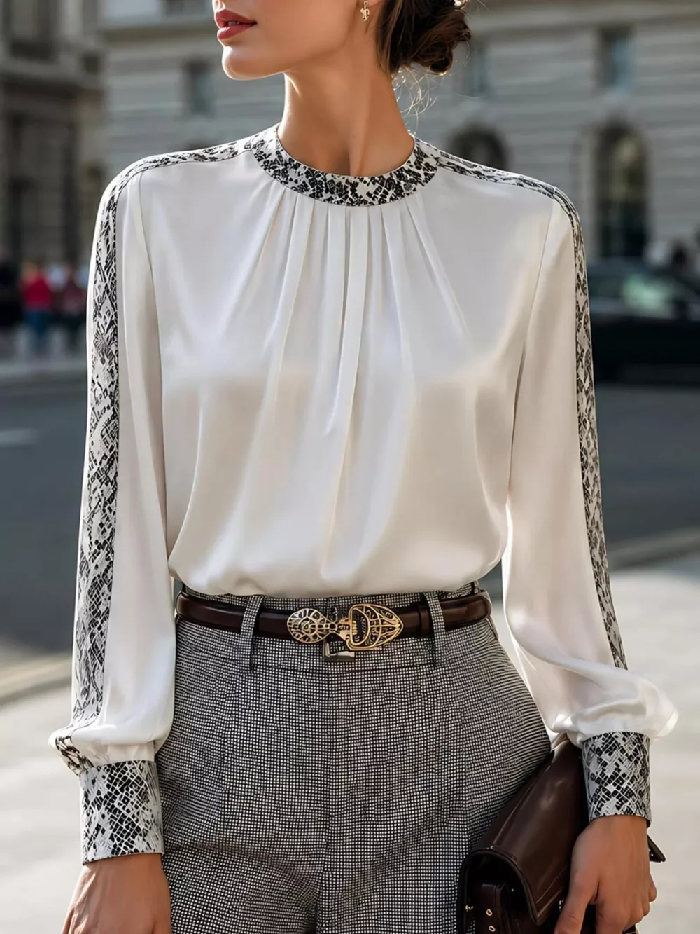 Snake Print Contrast Trim Satin Blouse