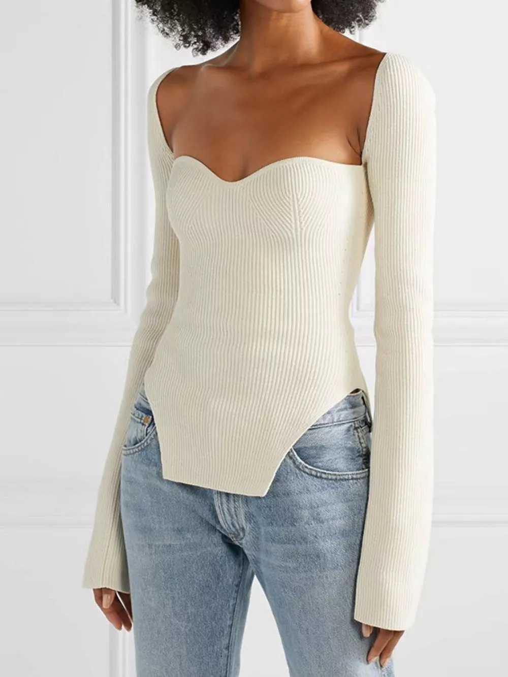 Ribbed Knit Sweetheart Neckline Sweater, image 2