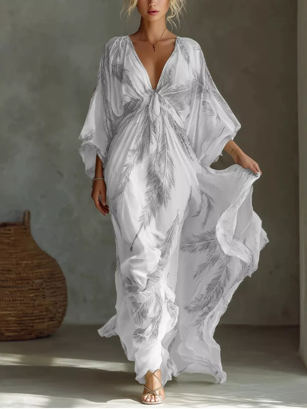 Full Size Feather Print V-Neck Flowy Maxi Dress Plus Size, image 7