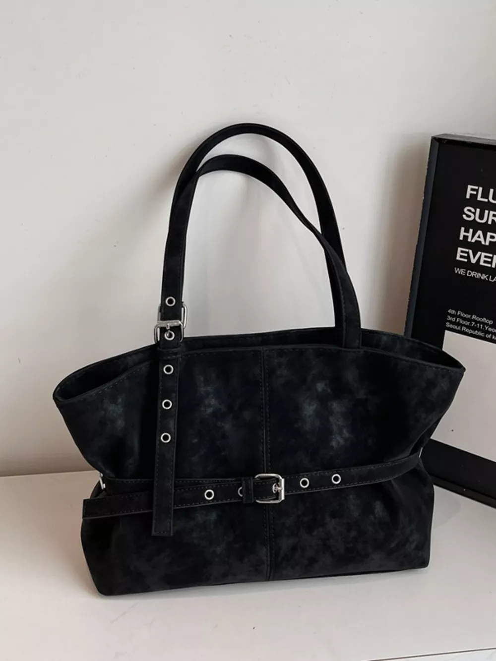Washed Suede Buckle Detail Tote Bag, image 2