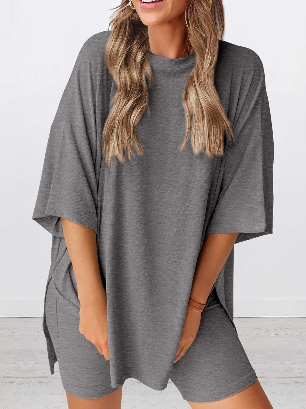 Full Size Oversized Round Neck Top and Shorts Set Plus Size, image 22