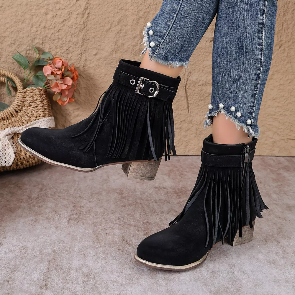 Fringe Ankle Boots with Buckle Detail, image 9