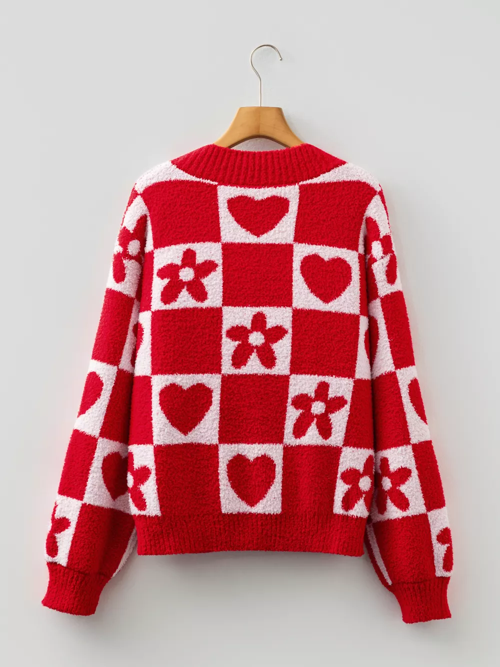 Floral Heart Checkered V-Neck Sweater, image 3