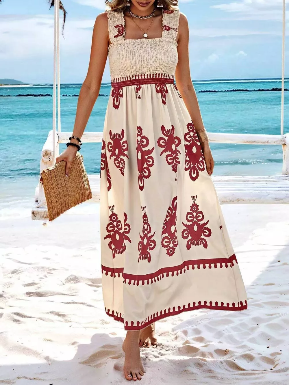 Smocked Printed Square Neck Maxi Dress, image 29