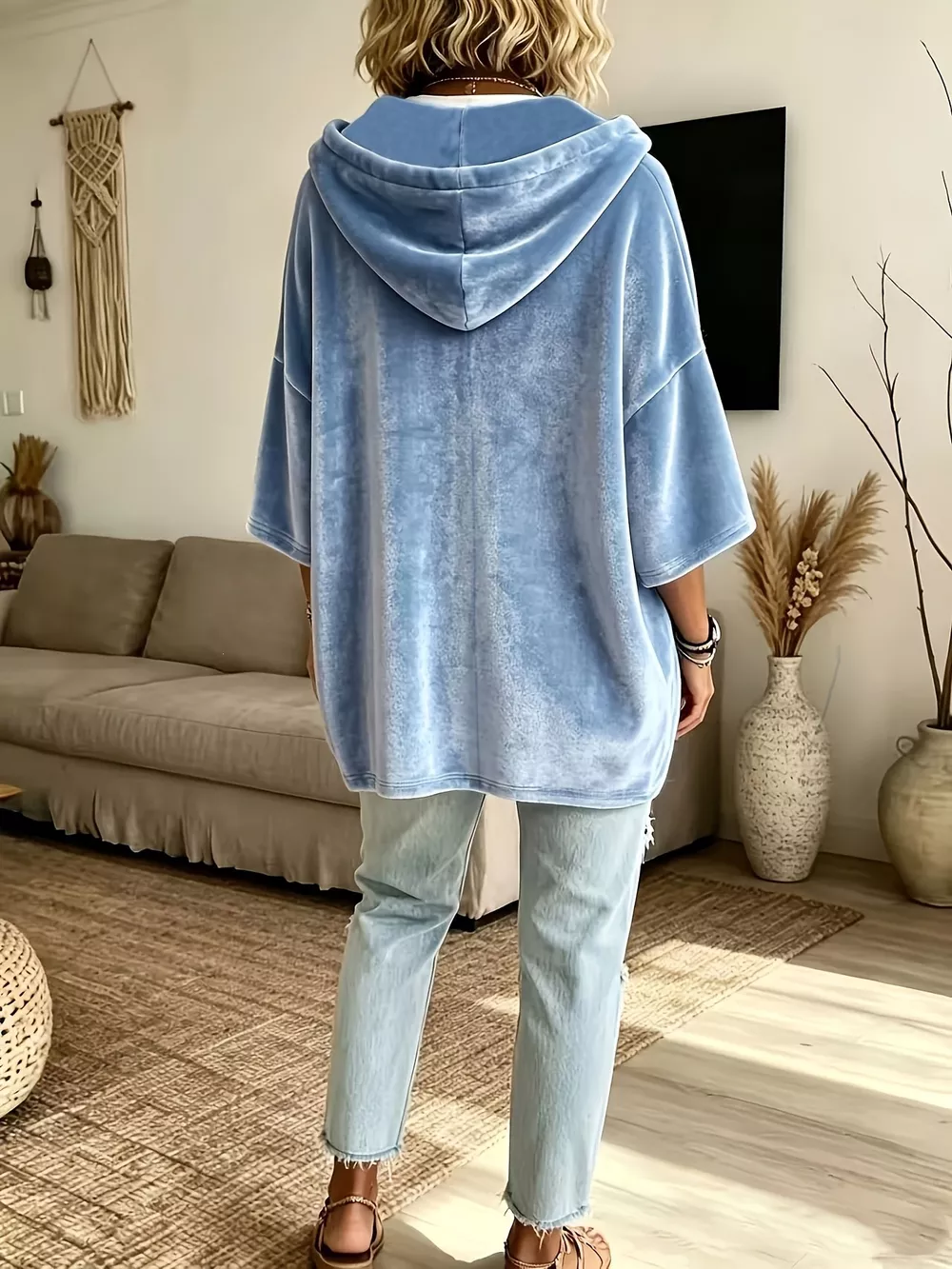 Full Size Velvet Button Detail Drawstring Hoodie Plus Size, image 2