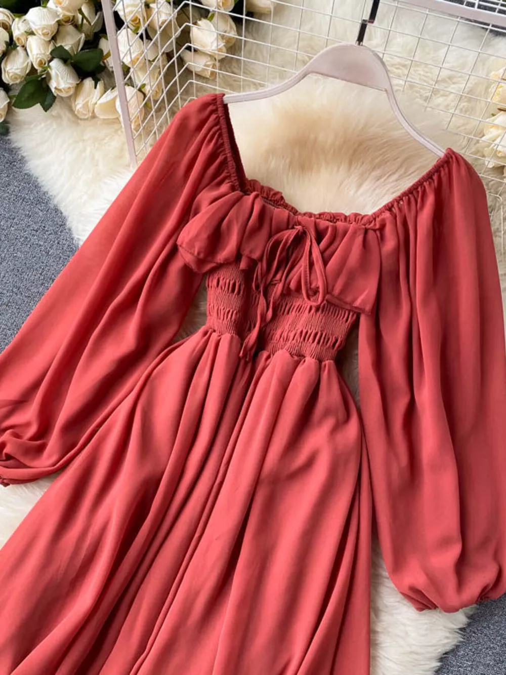 Ruffle Square Neck Balloon Sleeve A-Line Dress, image 18