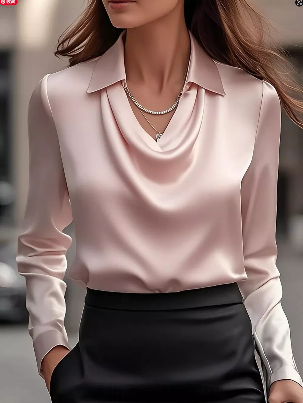 Ruched Long Sleeve Drape Collar Blouse, image 27