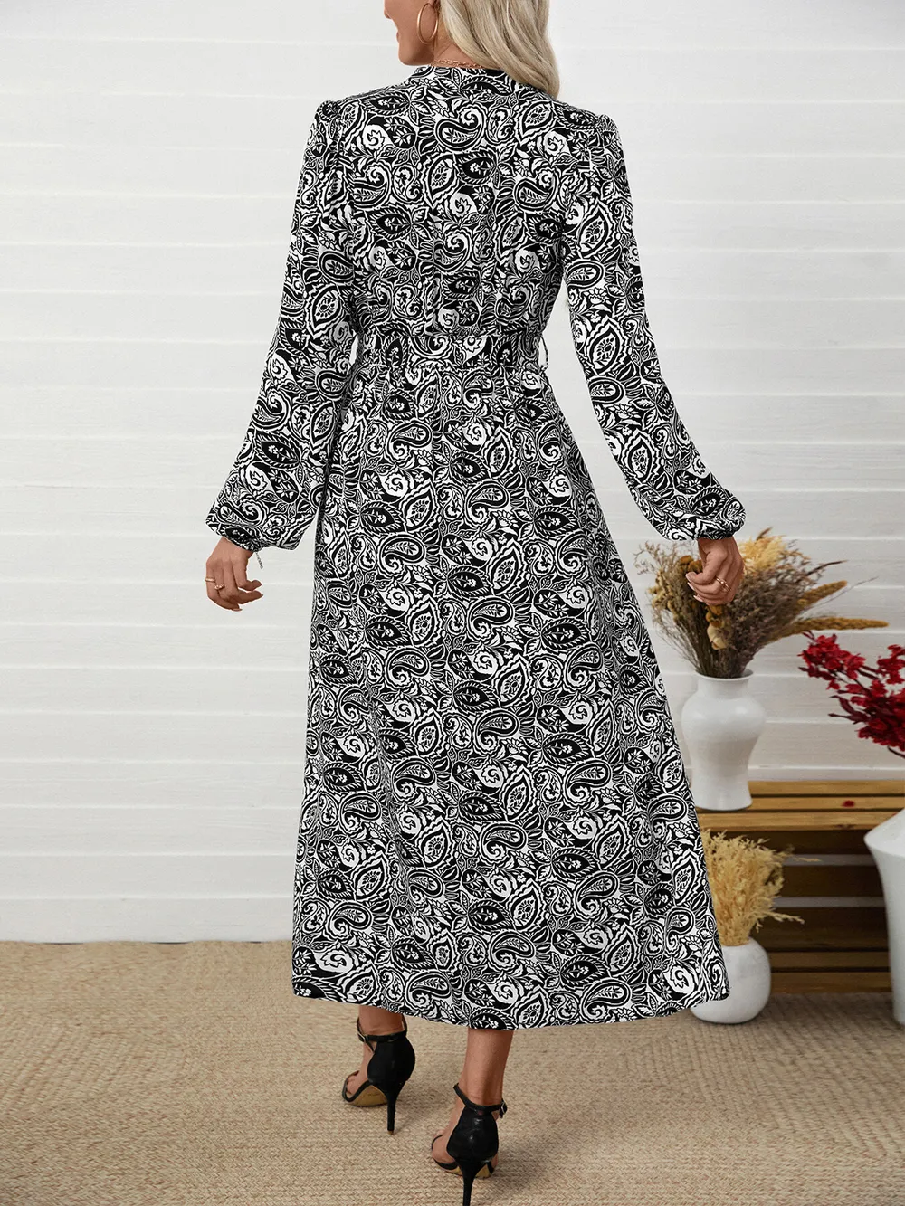 Paisley Print Long Sleeve Midi Dress, image 9