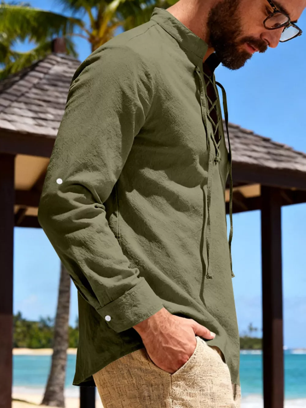 Men's Full Size Casual Lace-Up Linen Shirt Plus Size, image 2