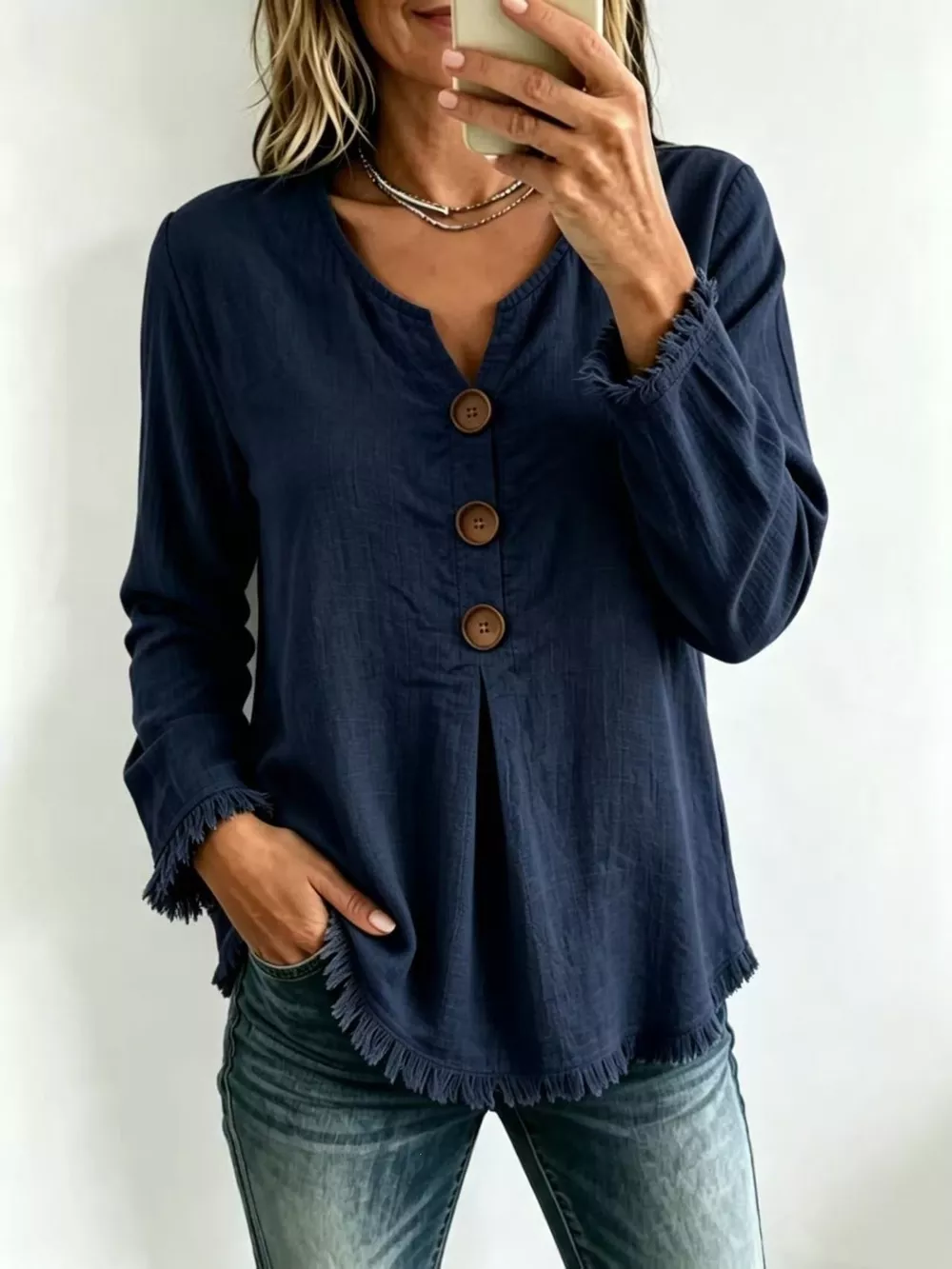 Full Size Casual Half-Button Blouse with Frayed Hem Detail Plus Size, image 3