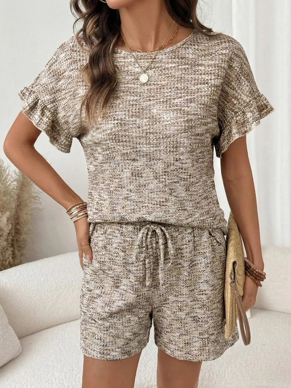 Ruffle Sleeve Textured Top and Shorts Set, image 10