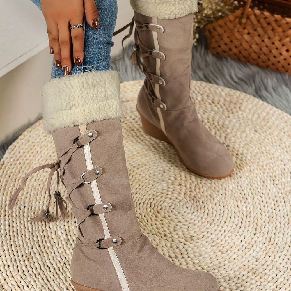 Faux Fur Lined Suede Wedge Boots with Lace-Up Detail, image 3