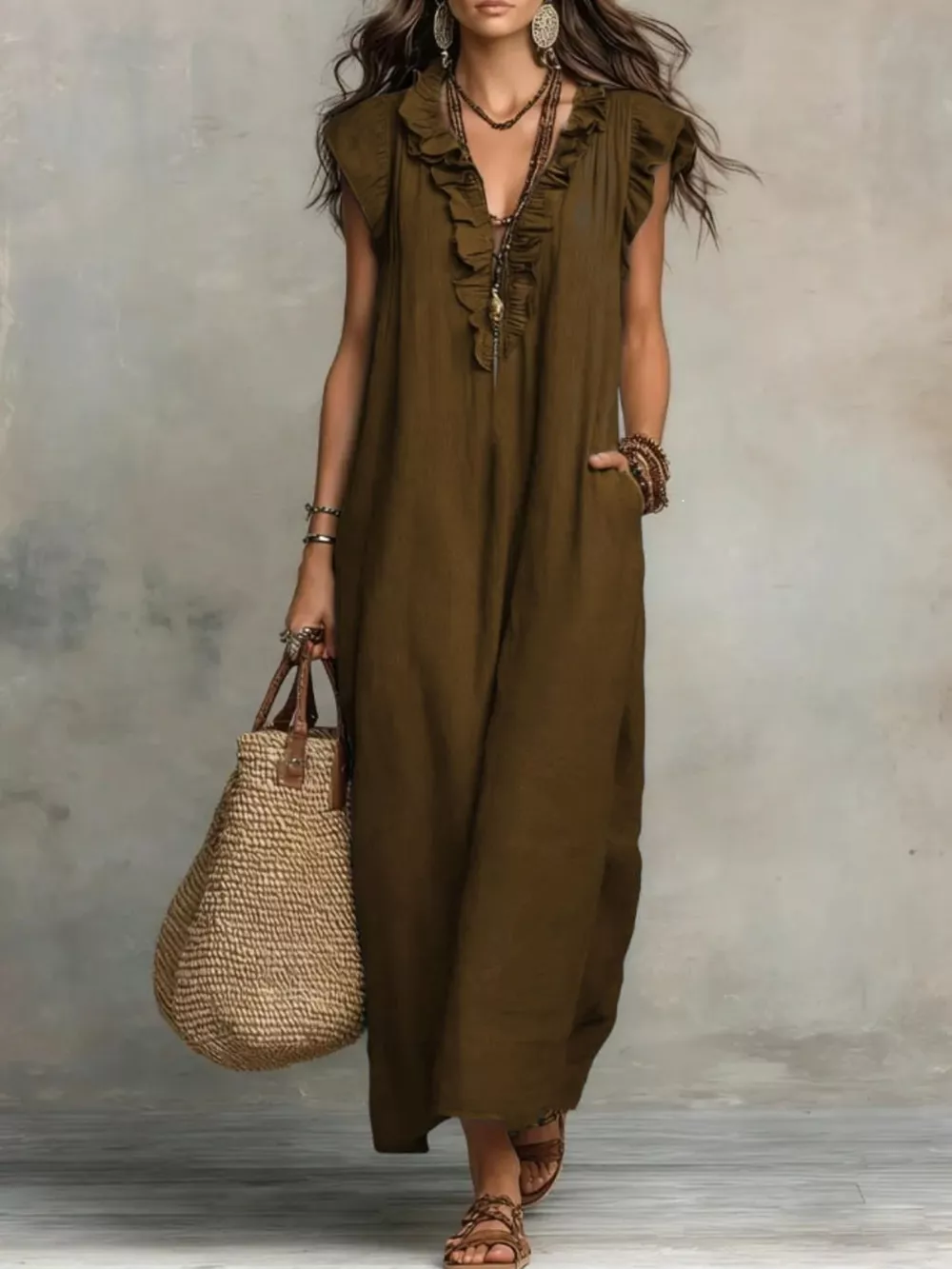 Ruffled V-Neck Maxi Dress, image 8