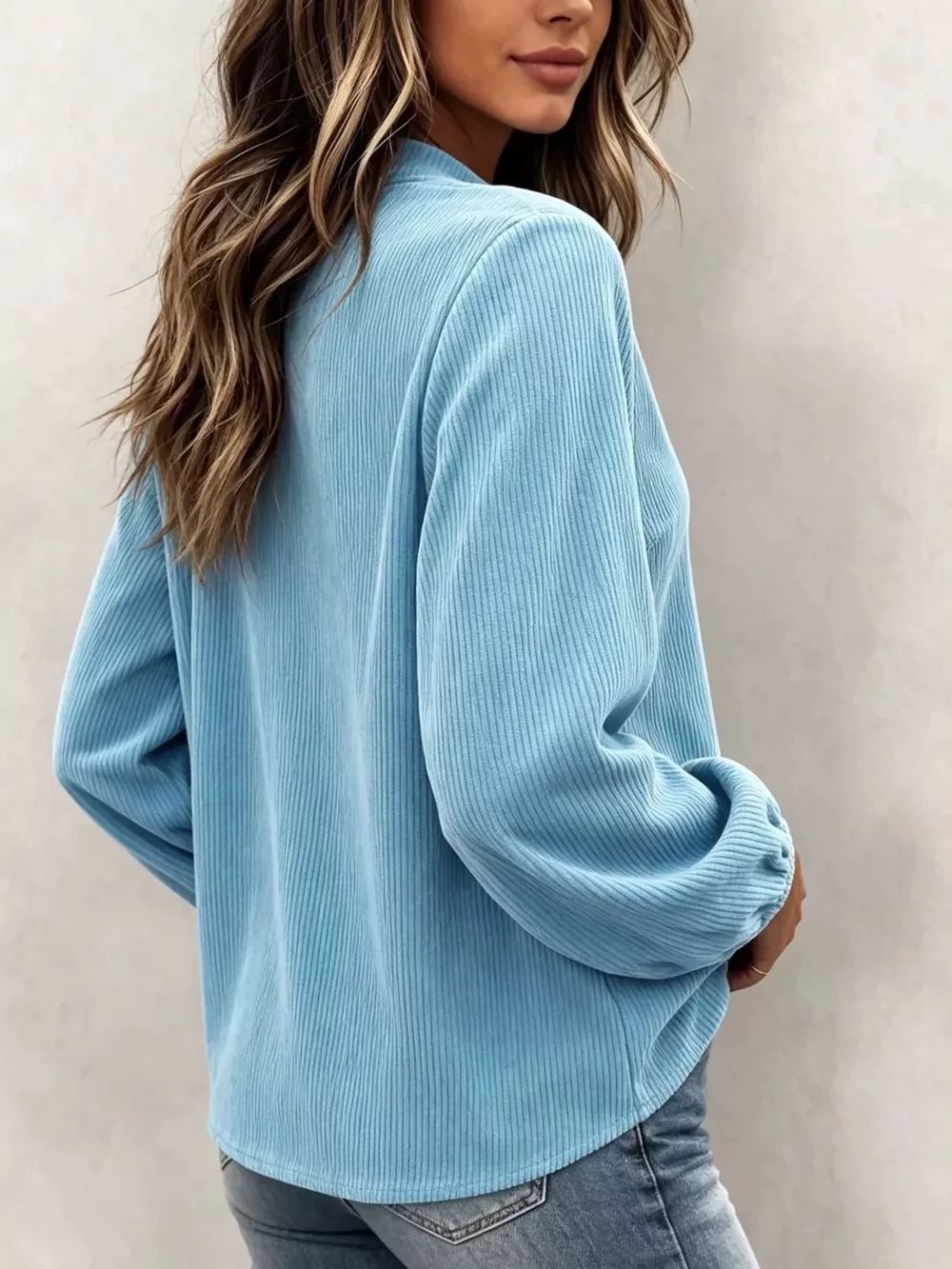 Full Size Corduroy Notched Long Sleeve Top Plus Size, image 6