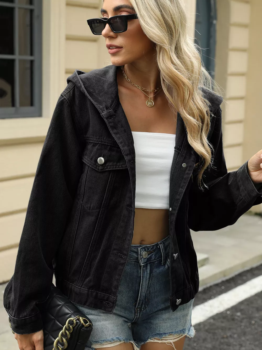 Washed Button Up Hooded Denim Jacket, image 9