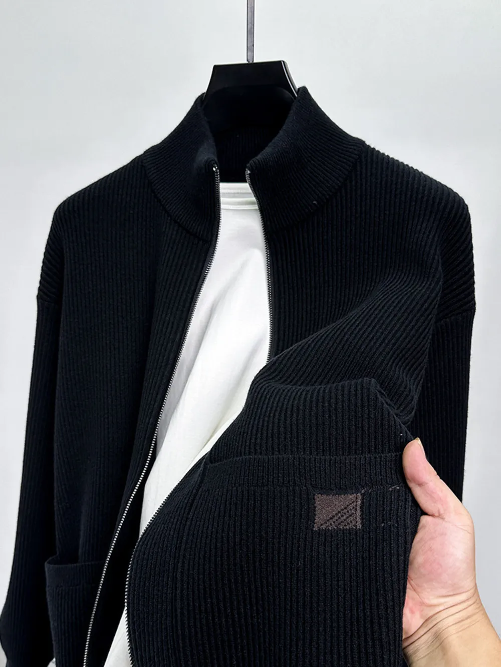 Men's Plus Size Zip-Up Ribbed Knit Cardigan, image 7