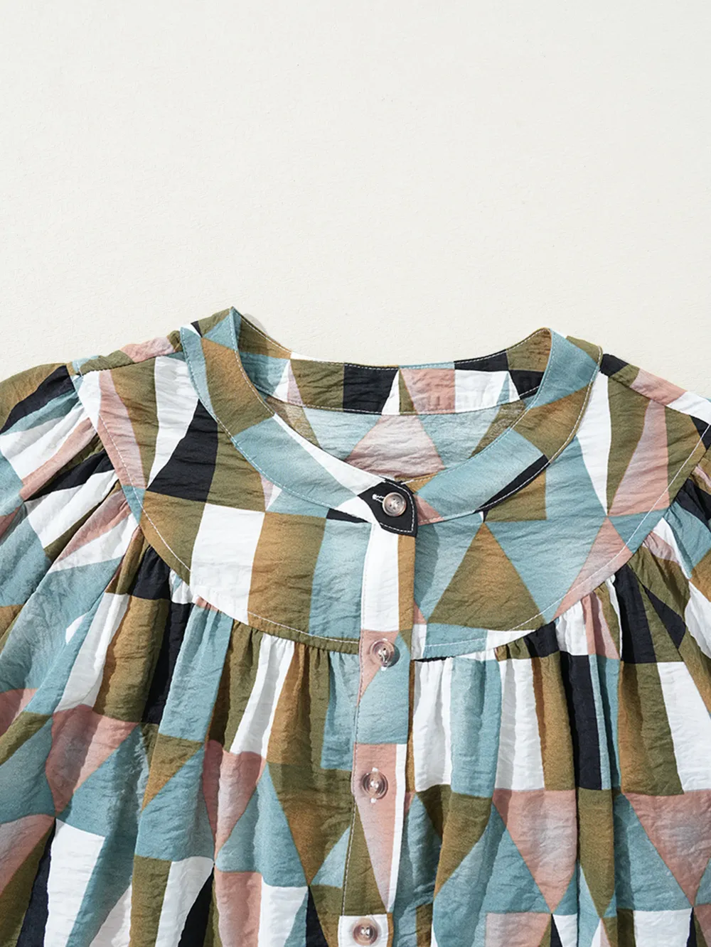 Geometric Print Buttoned Balloon Sleeve Loose Fit Shirt, image 7