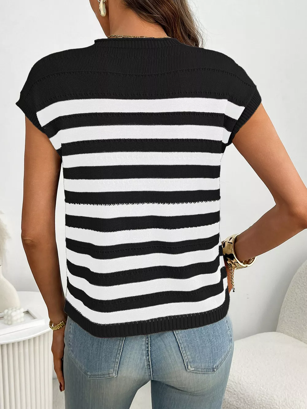Striped Knit Pocket Detail Cap Sleeve Sweater, image 11