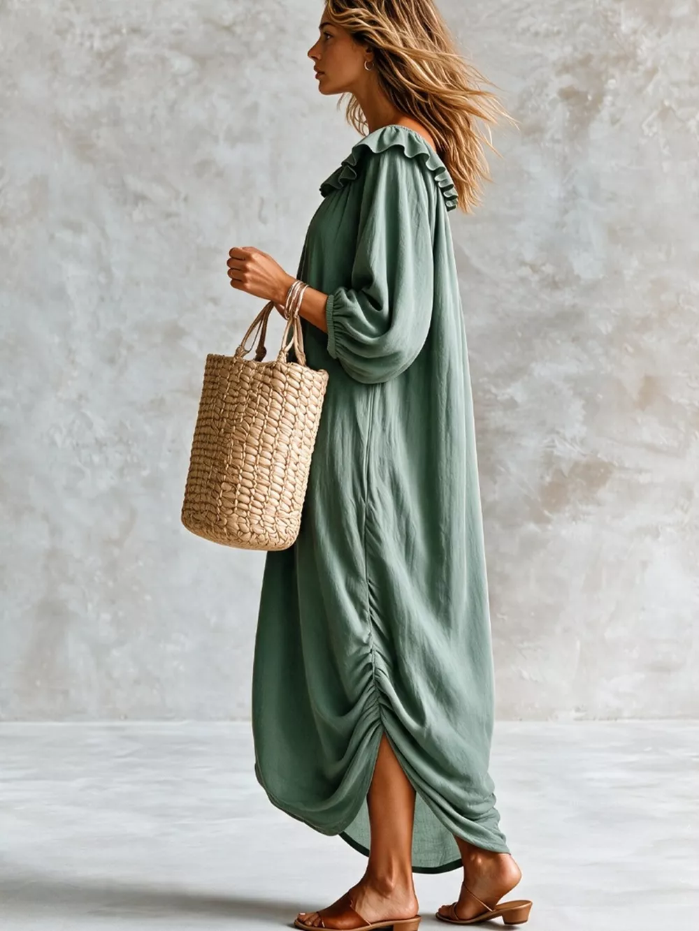 Ruffled Boat Neck Ruched Midi Dress, image 9
