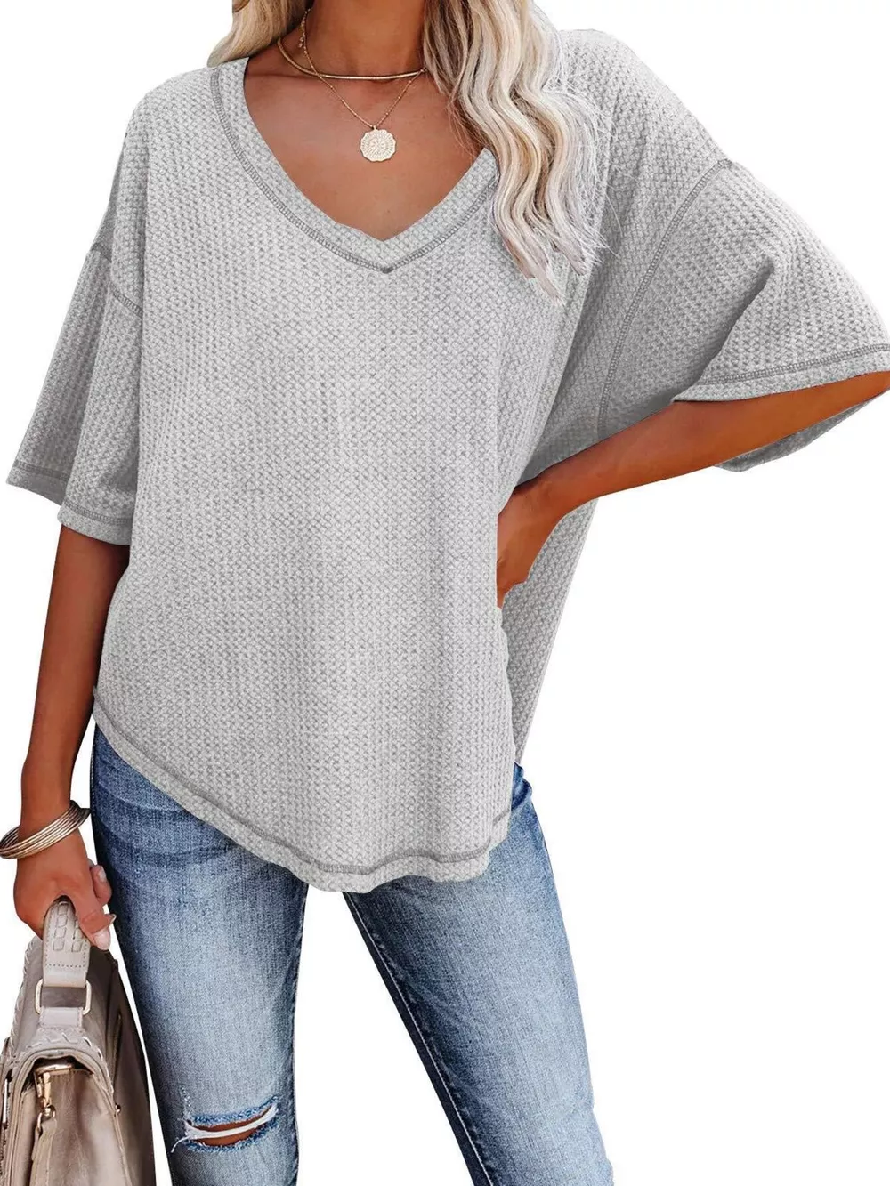 Waffle Knit V-Neck Short Sleeve T-Shirt, image 8