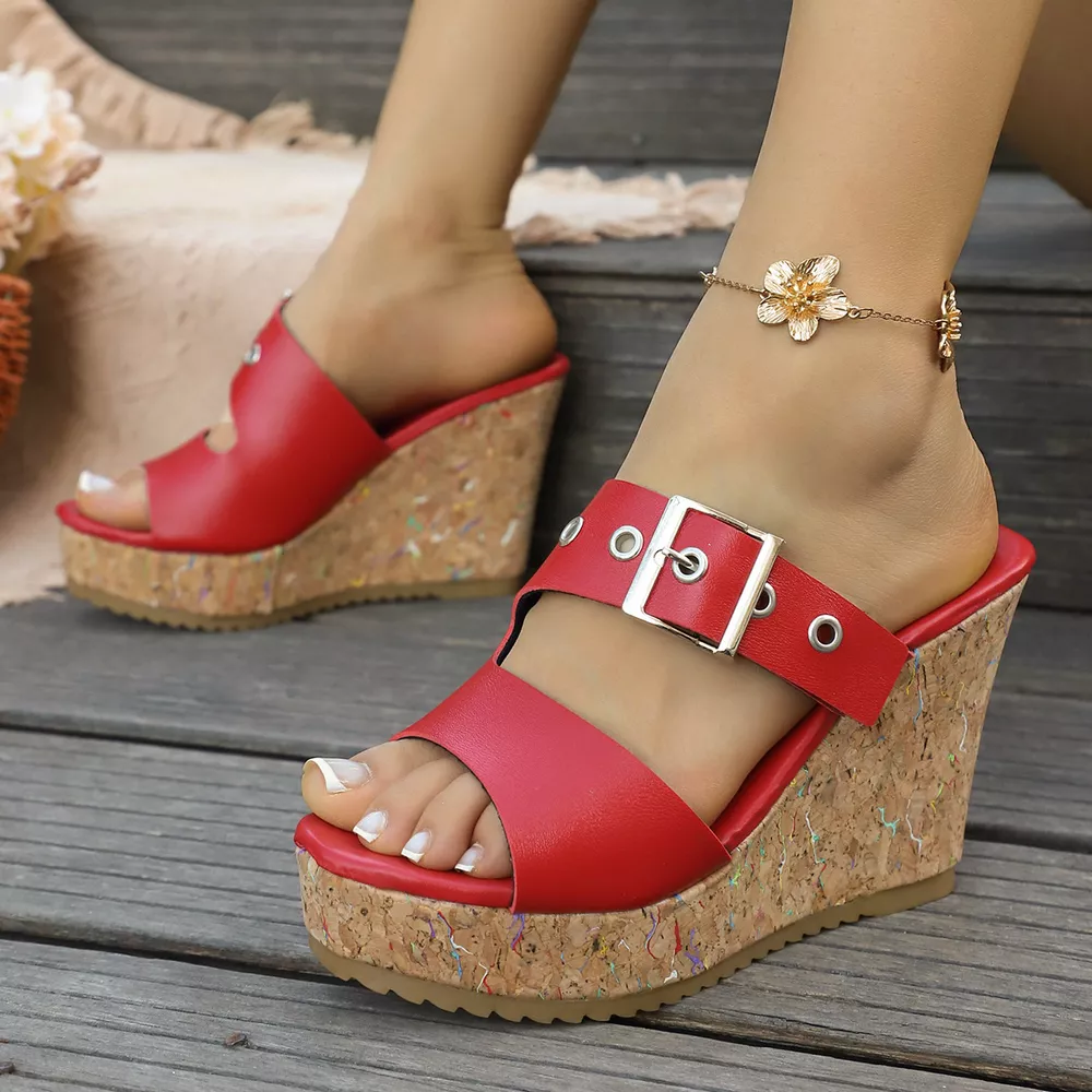 Buckle Strap Cork Wedge Sandals, image 7
