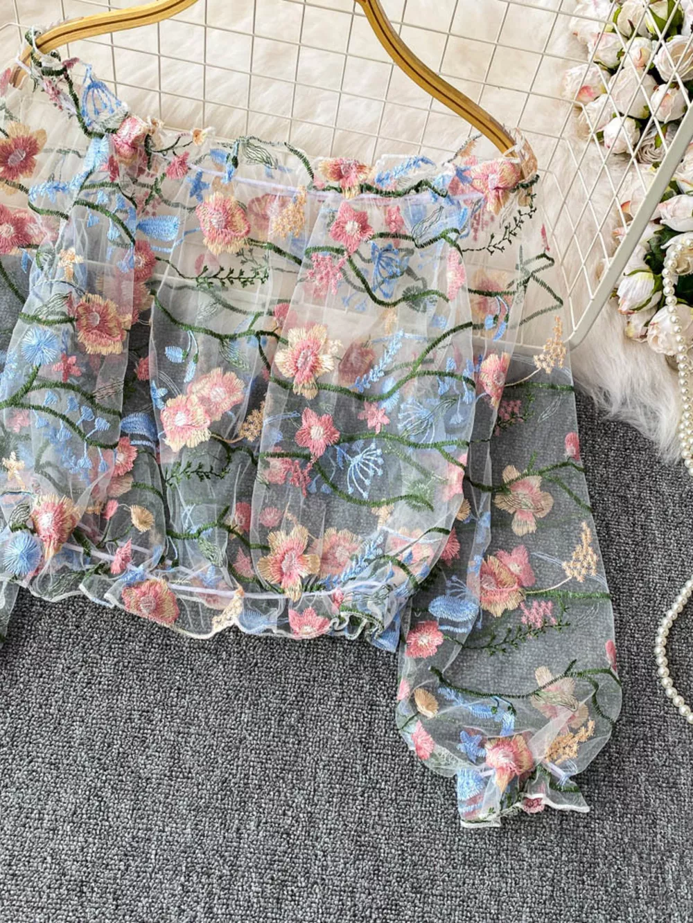 Floral Embroidered Mesh Off-Shoulder Top, image 14