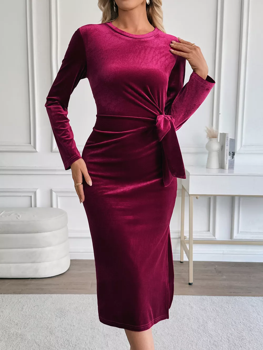 Velvet Slit Round Neck Long Sleeve Dress with Side Tie Detail, image 10