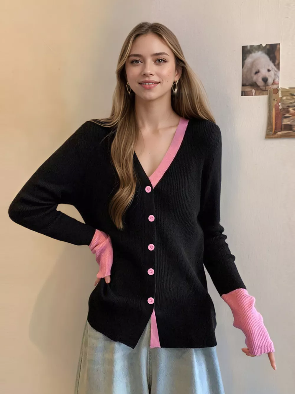 Contrast Trim Ribbed Knit Cardigan, image 6
