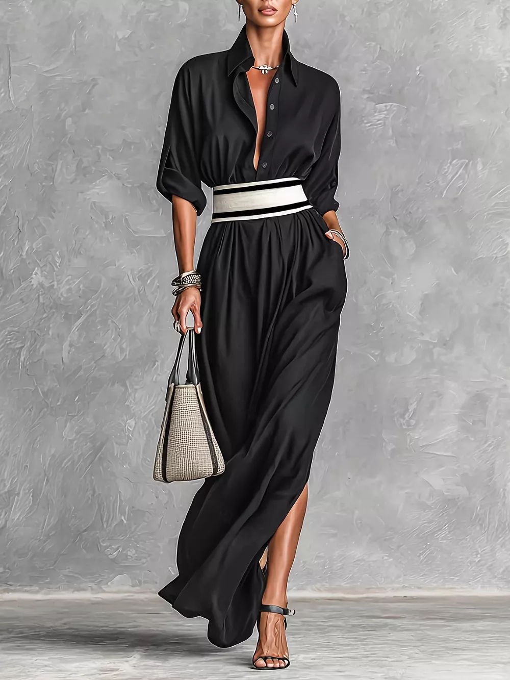 Slit Roll-Up Sleeve Maxi Dress, image 3