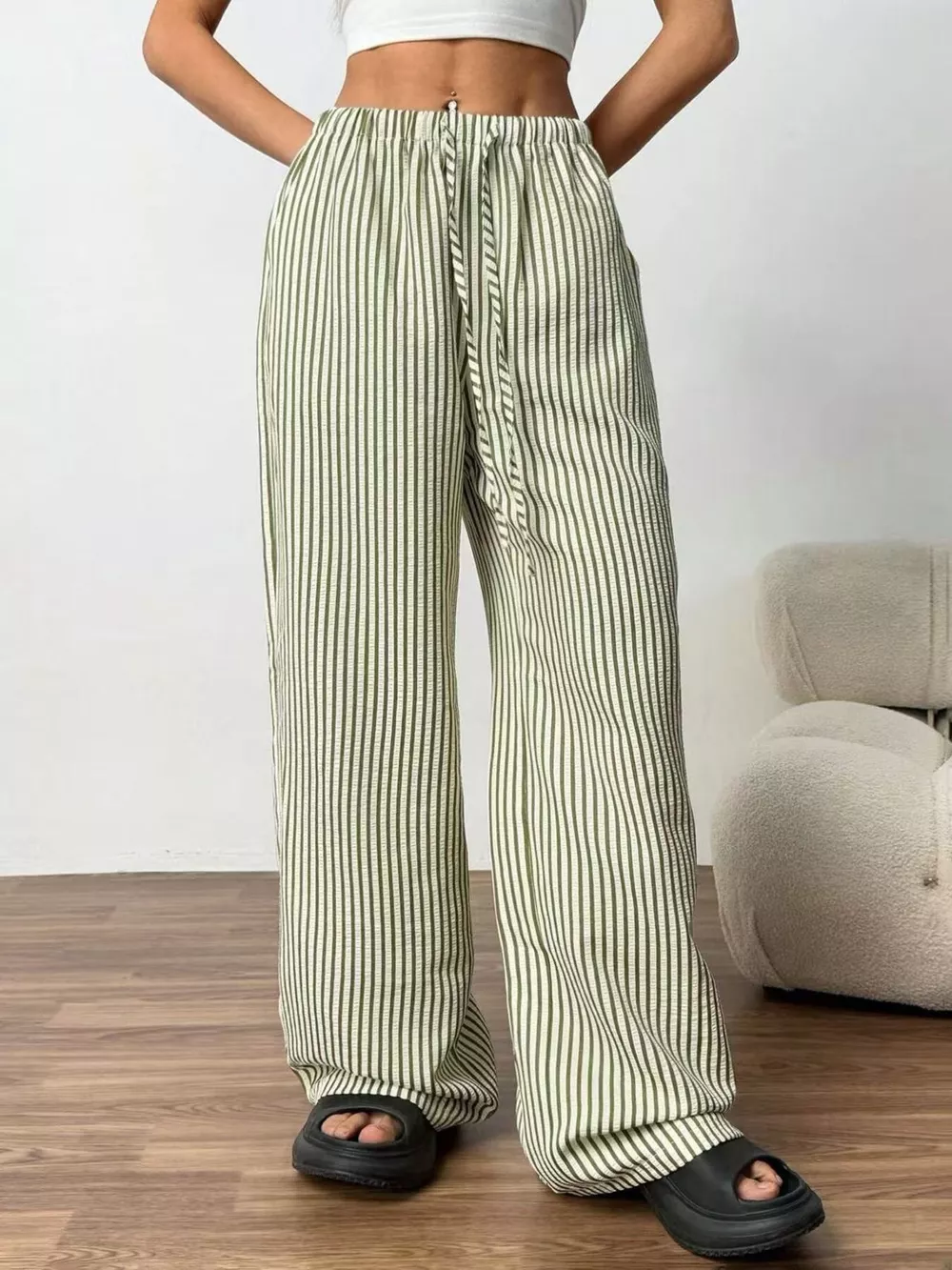 Full Size Striped Drawstring Waist Wide Leg Pants Plus Size, image 13