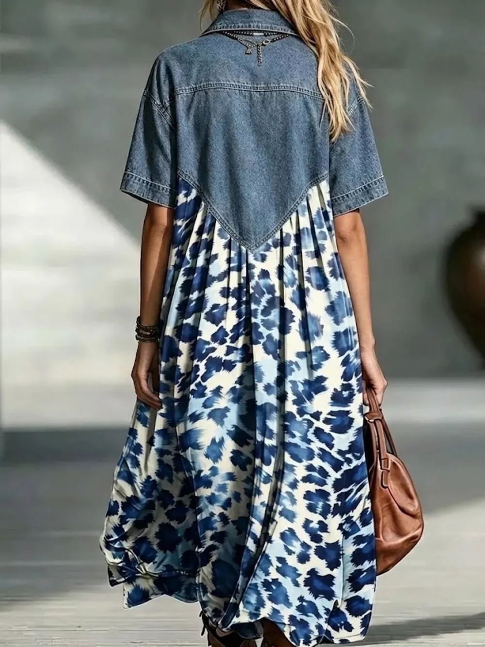 Full Size Denim Patchwork Printed Shirt Dress Plus Size, image 13