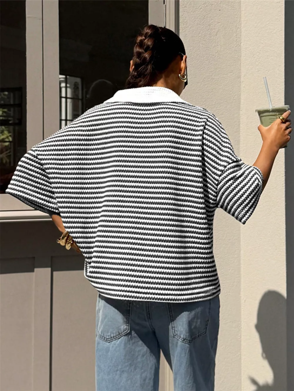 Striped Knit 3/4 Sleeve Polo Top, image 8