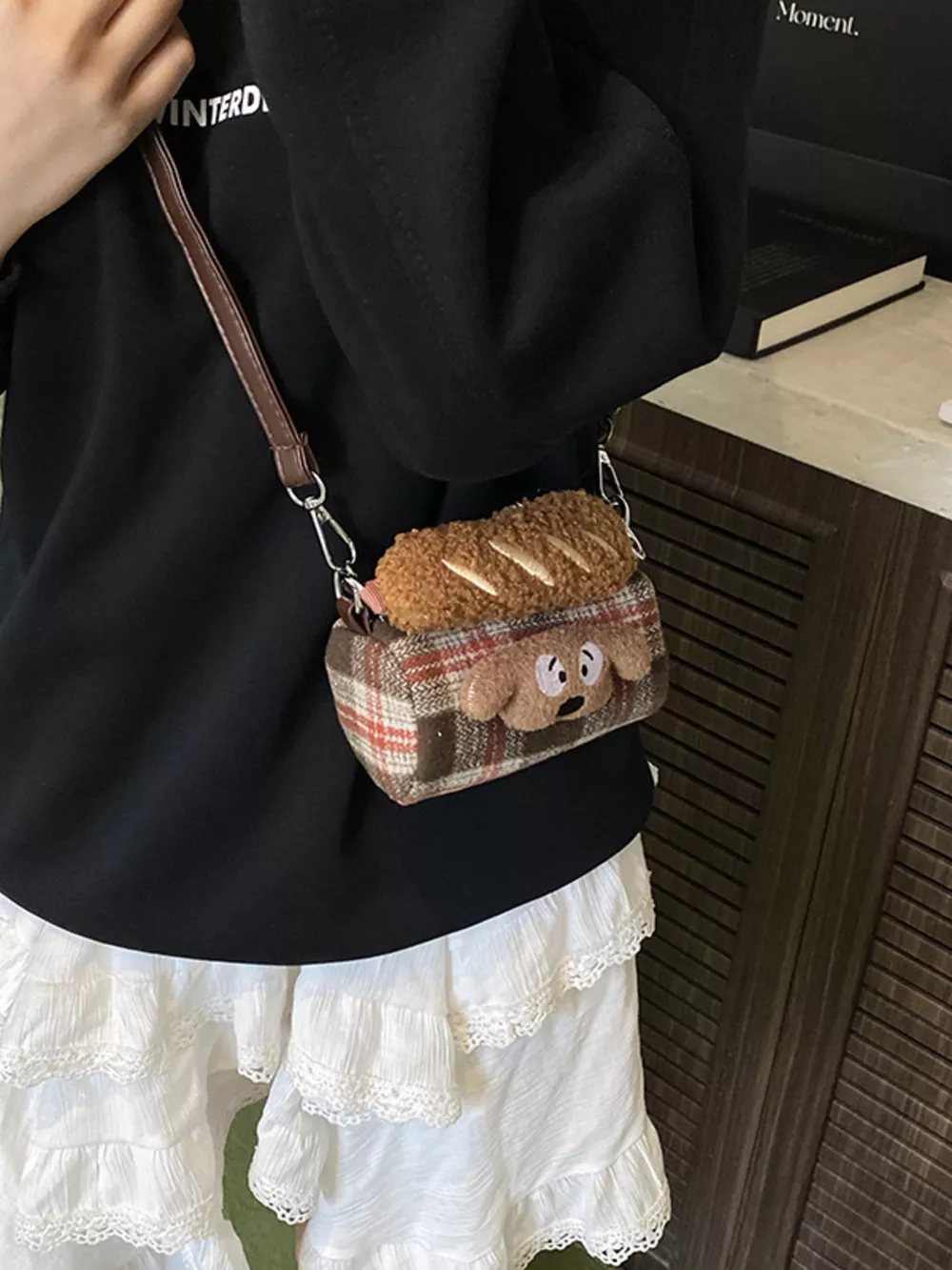 Plaid Pattern Plush Trim Crossbody Bag, image 6
