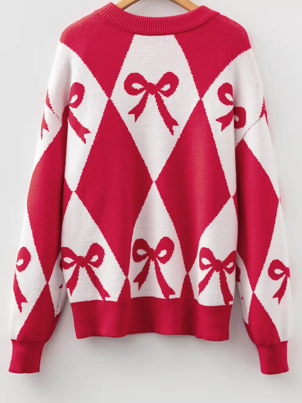Bow Print 2-Tone Rhombus Knit Loose Sweater, image 11