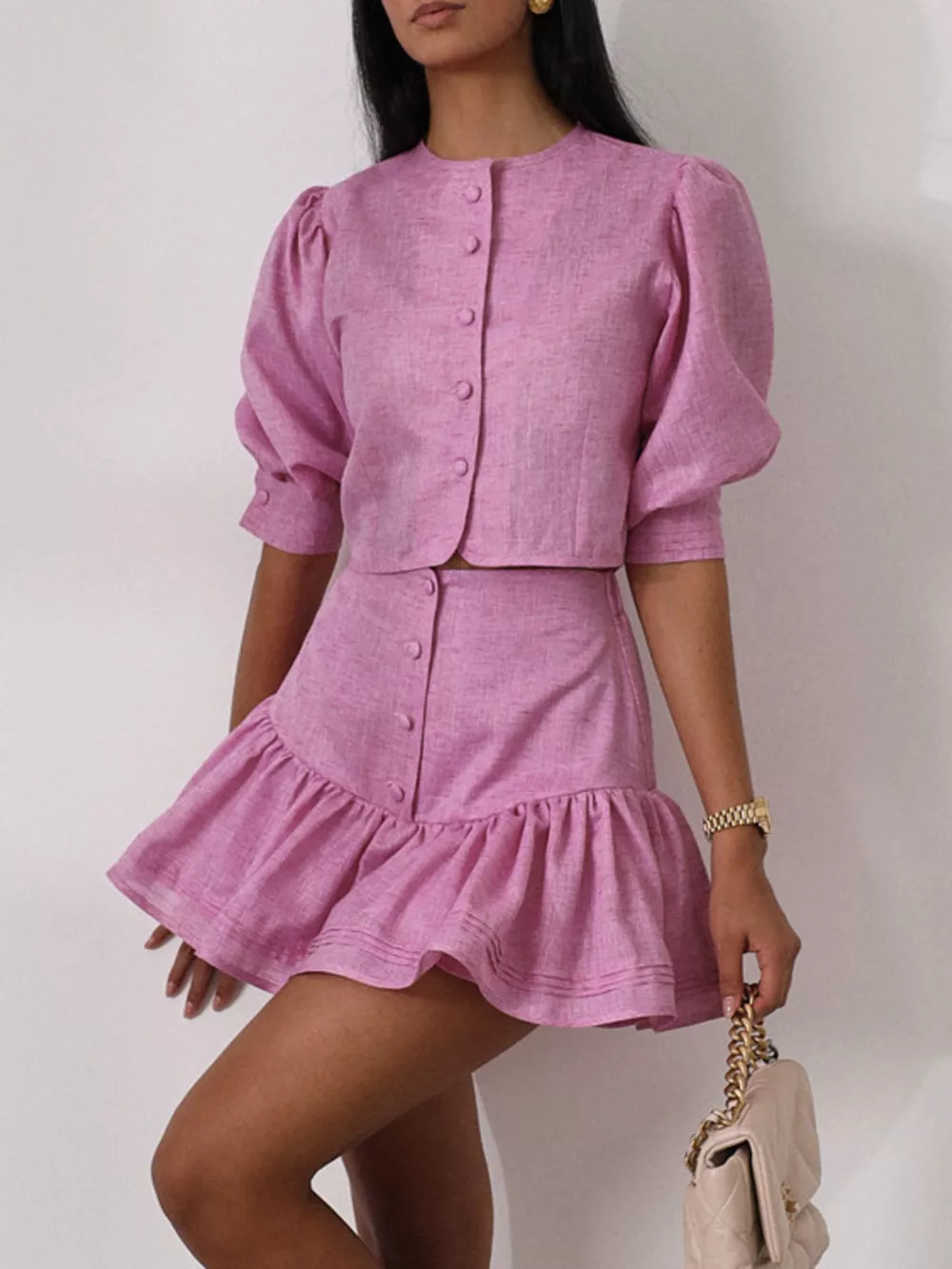 Puff Sleeve Cropped Top and Ruffled Skirt Set, image 3