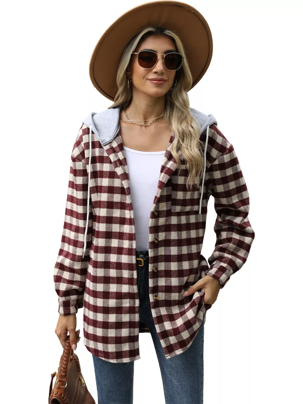 Plaid Button Up Long Sleeve Drawstring Hooded Jacket, image 23
