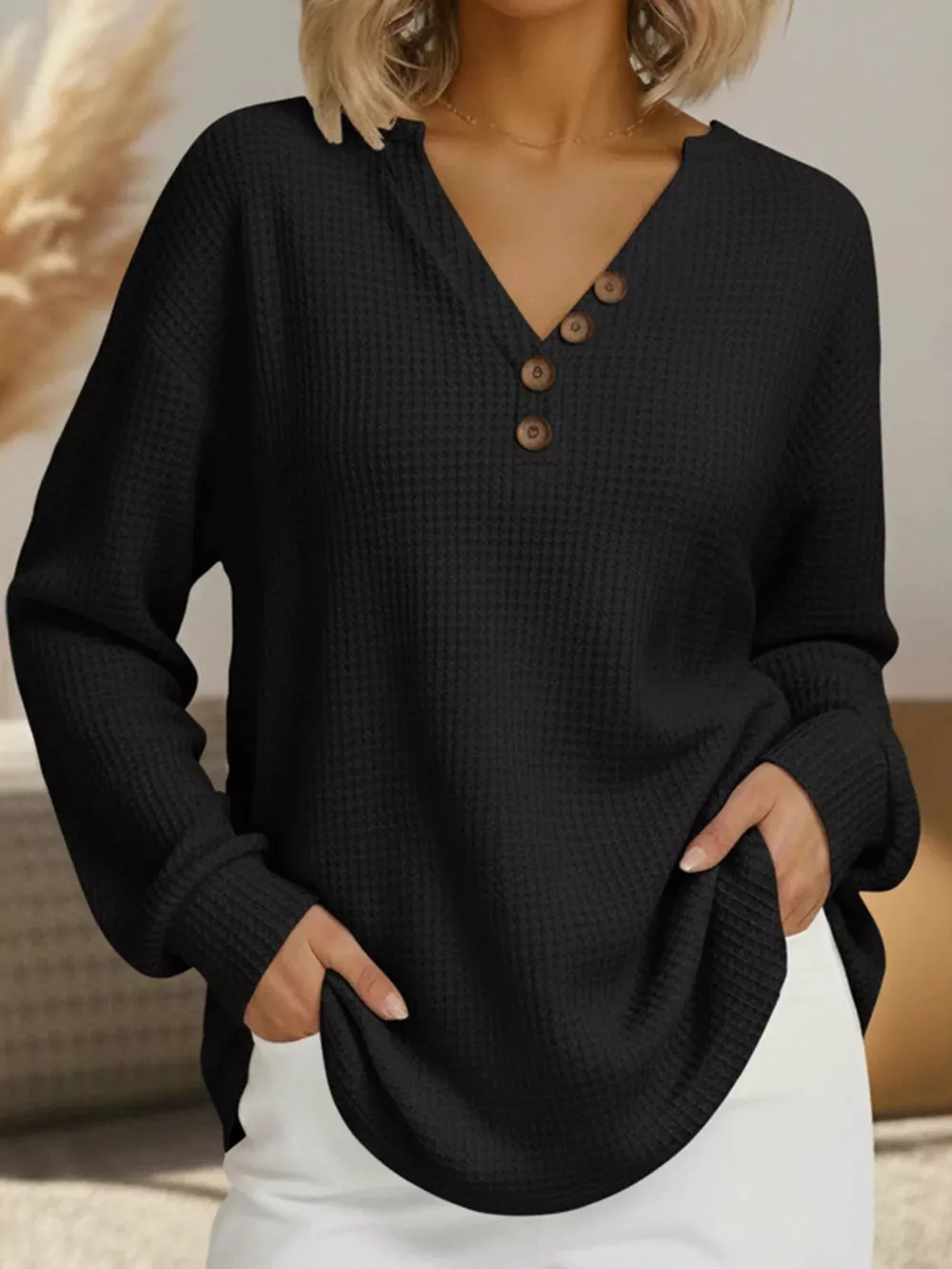Full Size Casual Waffle Knit V-Neck Long Sleeve T-Shirt Plus Size