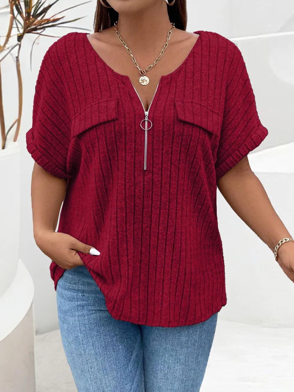 Plus Size Ribbed Half Zip Relaxed Fit T-Shirt, image 32