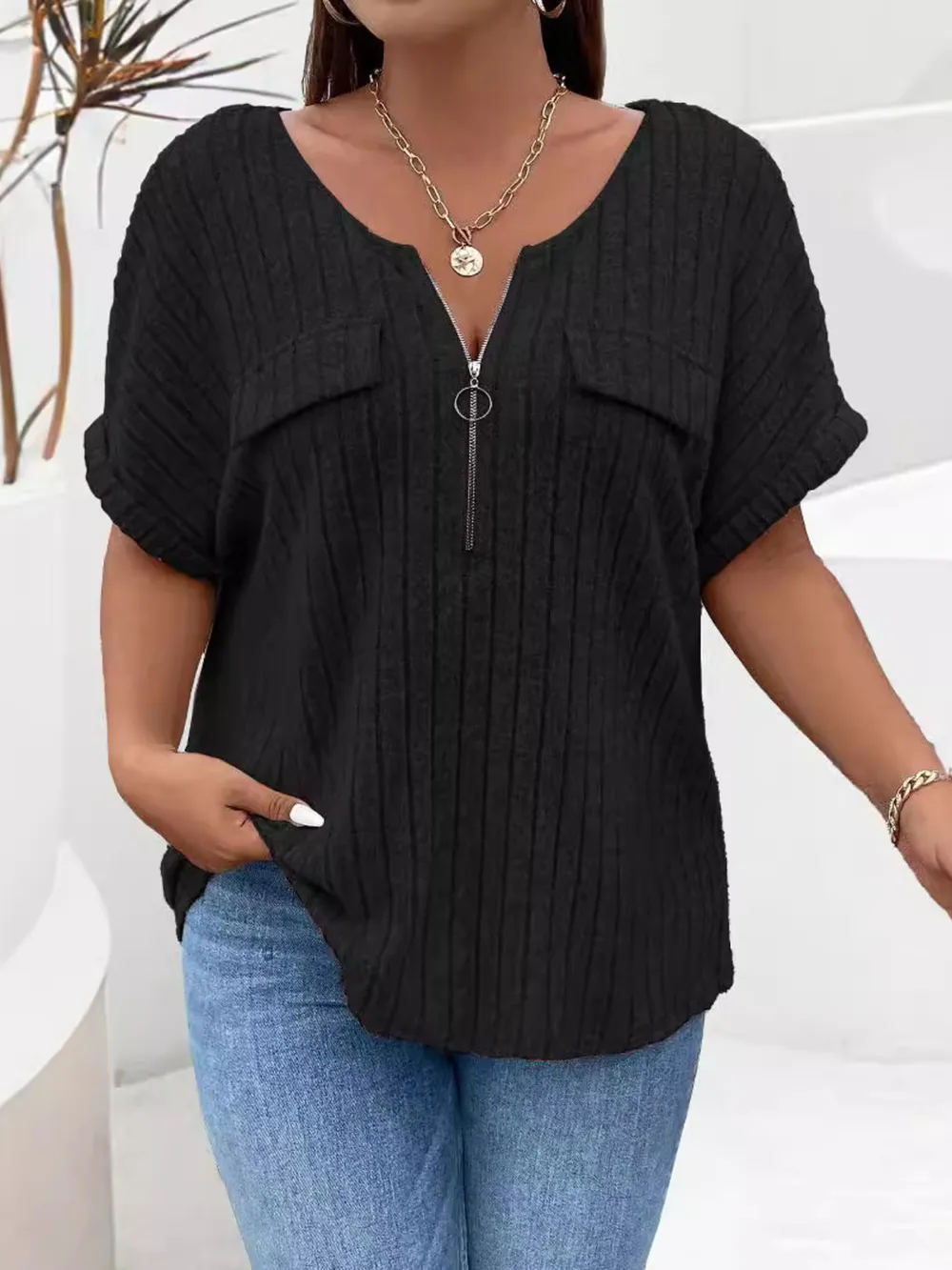 Plus Size Ribbed Half Zip Relaxed Fit T-Shirt, image 33