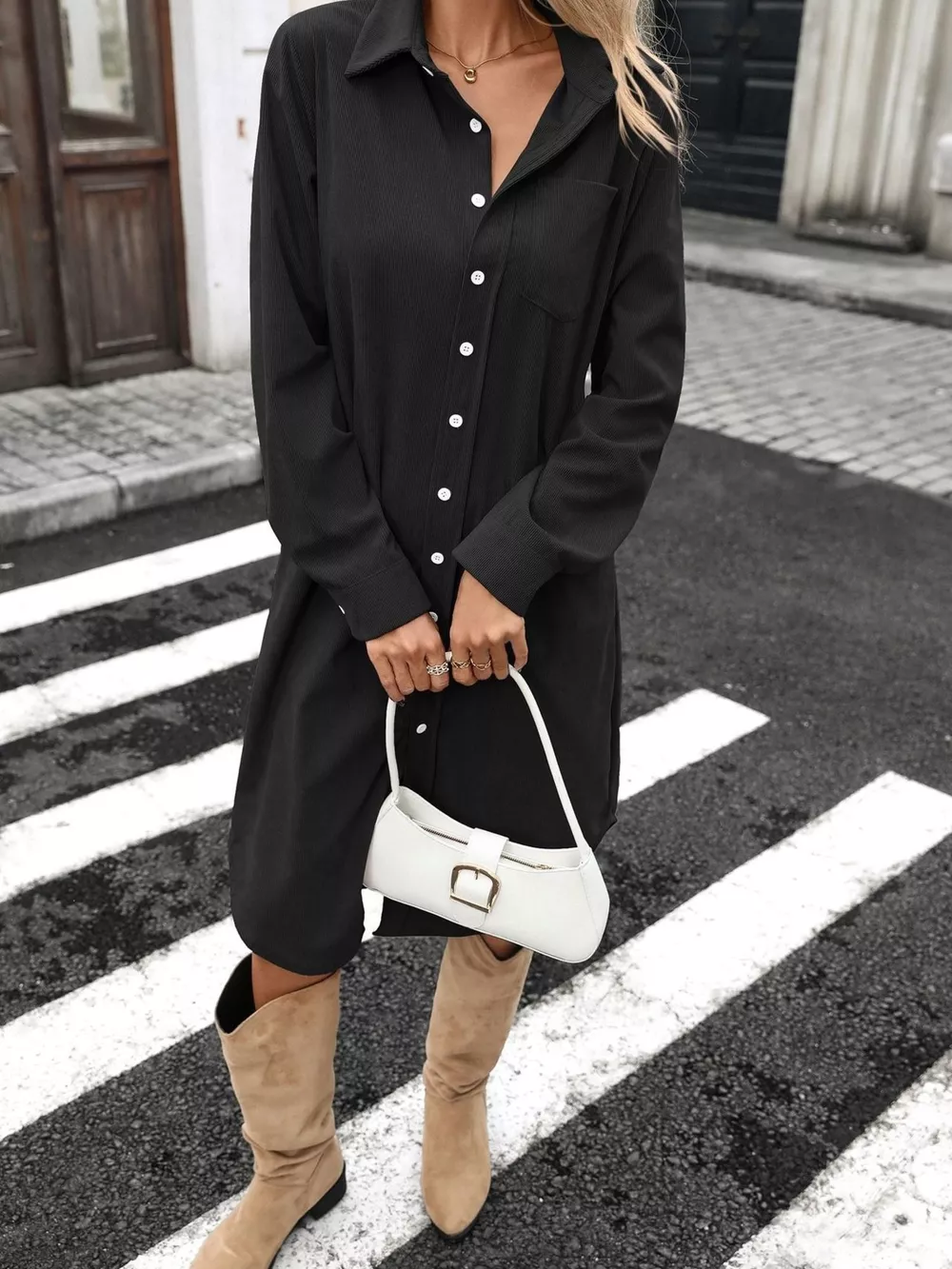 Corduroy Shirt Dress with Button-Down Front, image 19