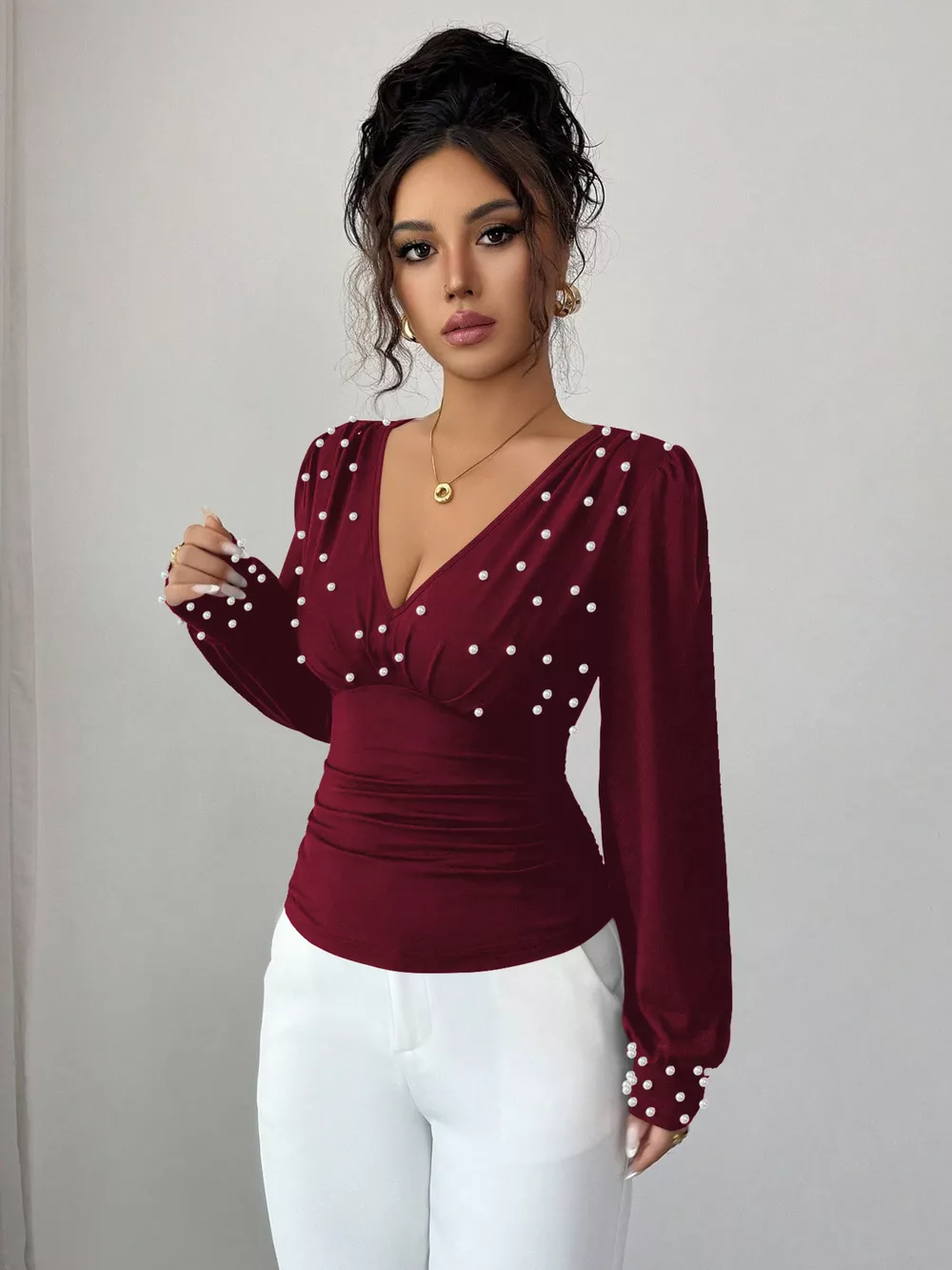 Pearl Embellished V-Neck Blouse, image 10