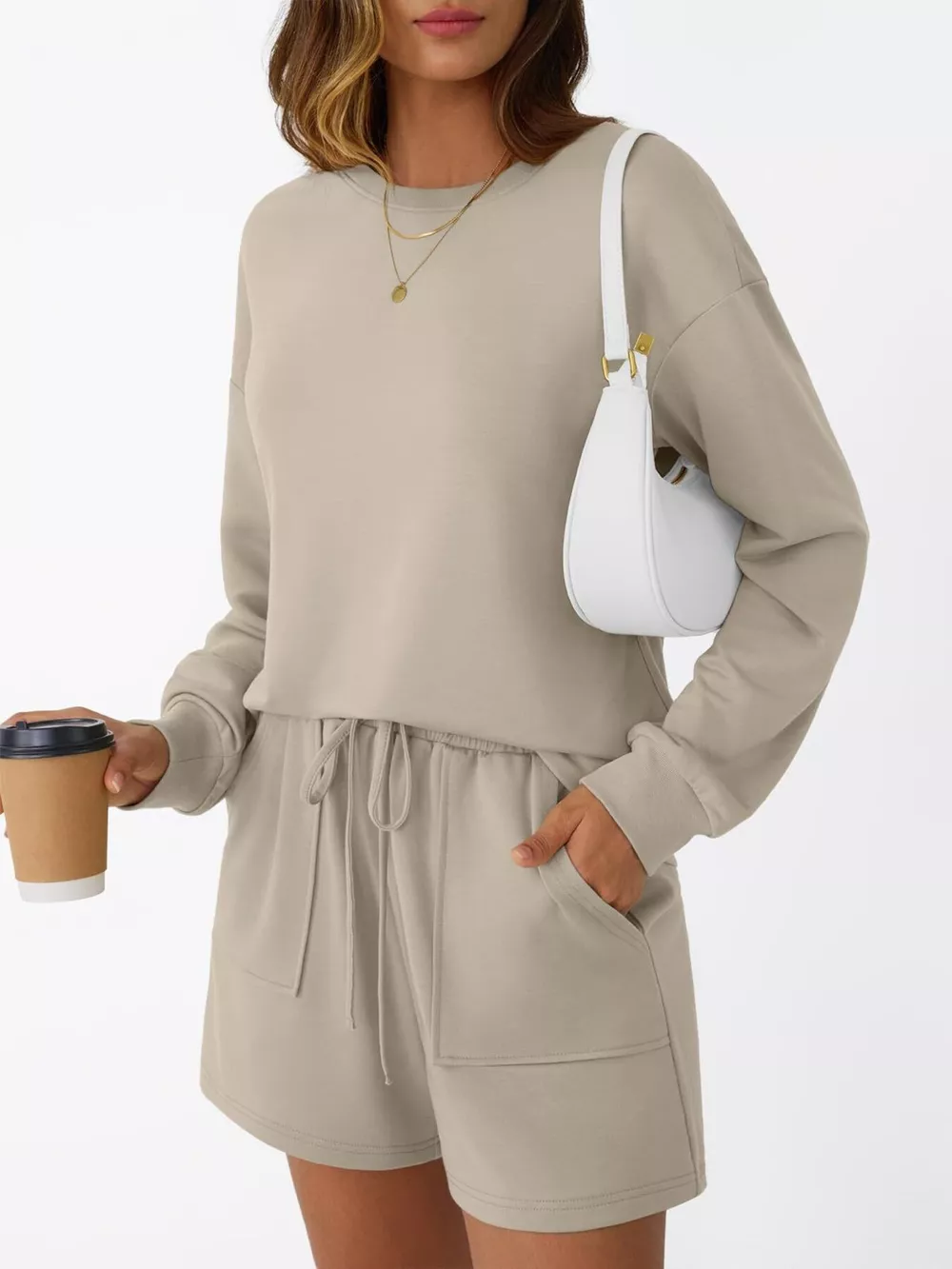 Round Neck Long Sleeve Top and Shorts Set, image 13