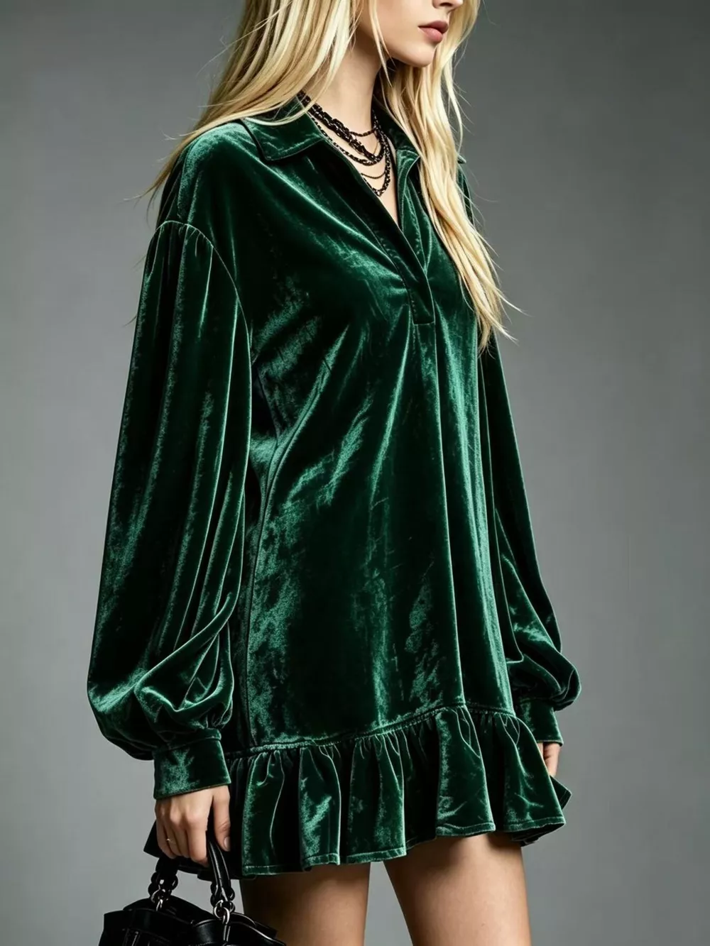 Full Size Velvet Long-Sleeve Ruffle Hem Mini Dress Plus Size, image 14